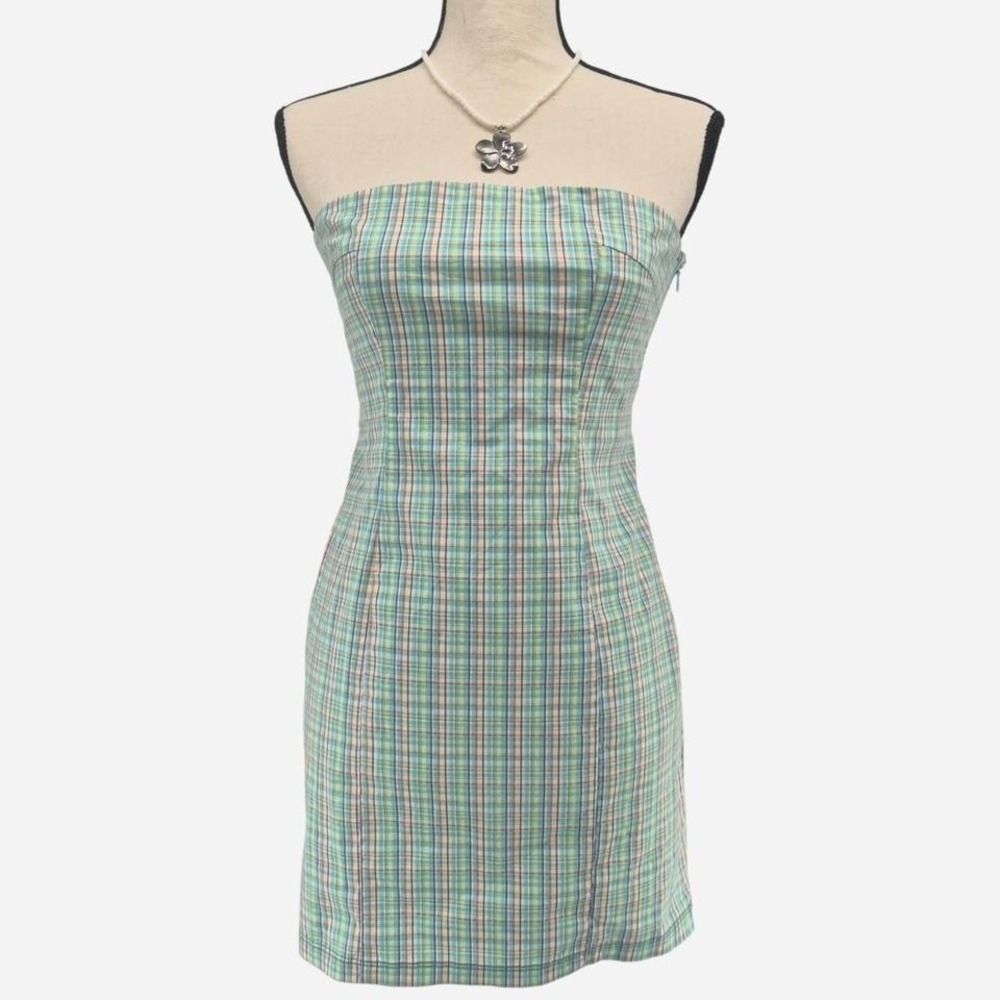 Urban Outfitters Green multicoloured plaid strapless mini dress‎